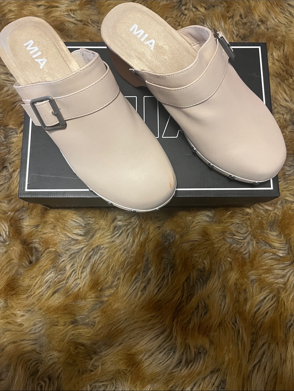 MIA Women's Pale Beige Slip-On Mule with Buckle Accent